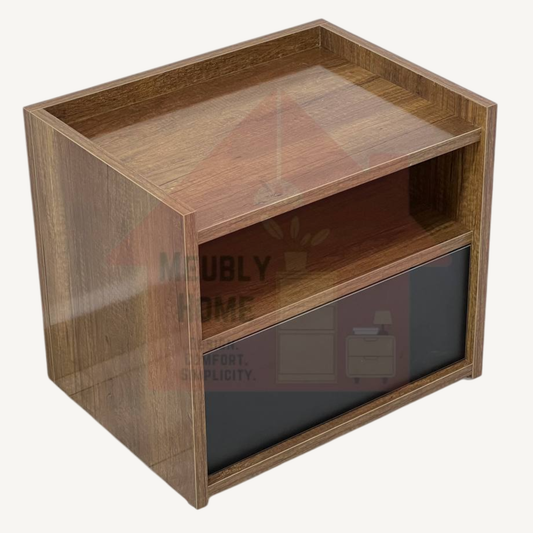 Table de chevet moderne au design épuré – MDF de haute qualité – Grand tiroir et étagère ouverte.