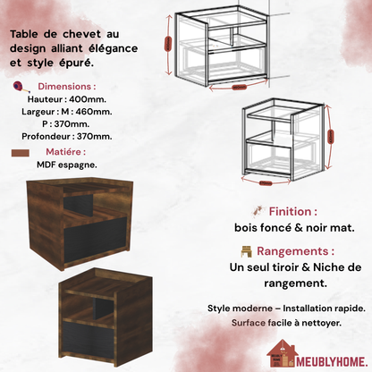 Modern Bedside Table – High-Quality MDF, Large Drawer & Open Storage Shelf